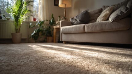 Living room interior with couch rug and plants