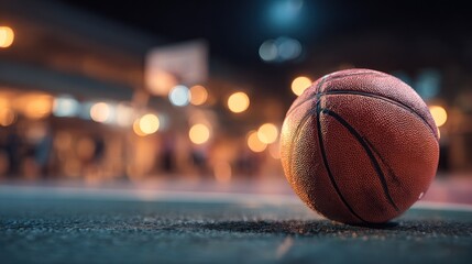 Basketball on court at night