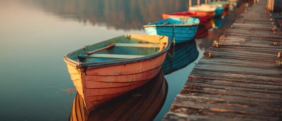 Colorful boats at the pier on calm water