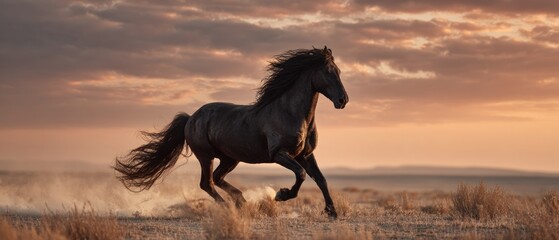Black horse running across a field at sunset