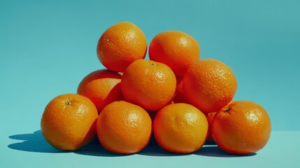A vibrant stack of ripe oranges, cast against a bright blue background, forming a pyramidal arrangement. The fruits' textures are visible