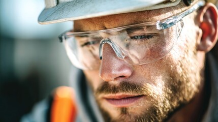 Close up of a construction worker wearing safety glasses