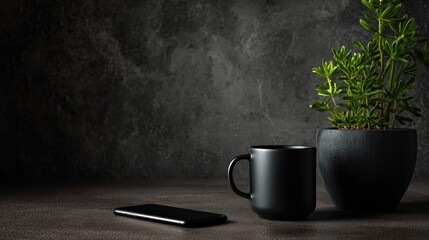 Black mug plant and smartphone on a dark surface