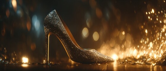 Glittering high heel shoe on reflective surface