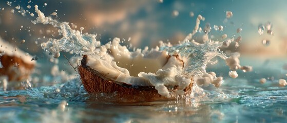 Coconut half splashing water refreshing concept