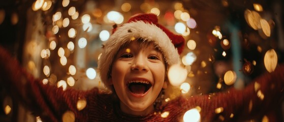 Joyful child wearing santa hat holiday season
