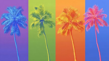 A vibrant, stylized image features four palm tree silhouettes set against distinct, colorful background panels