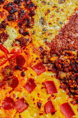 Close-up of a slices of Diverse Pizza Varieties on Checkered Paper