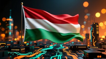 Hungarian tricolor flag waving above glowing circuit cityscape symbolizing national technology
