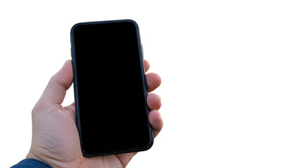 Hand holding mobile device mockup with empty screen while standing on a quiet residential street  Isolated on Transparent Background