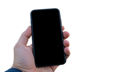 Hand holding mobile device mockup with empty screen while standing on a quiet residential street  Isolated on Transparent Background