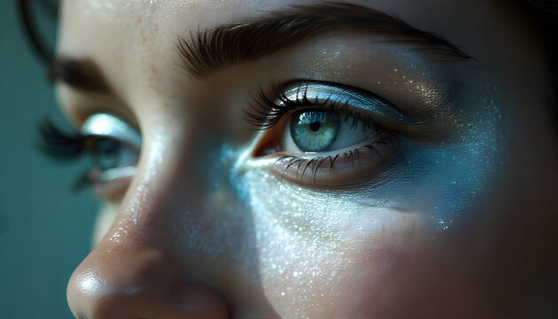 Detailaufnahme eines weiblichen Gesichts mit intensivem Blick und blau-gr&uuml;n schimmernden Augen. K&uuml;nstlerisches Make-up mit glitzernden, metallicfarbenen Partikeln auf Haut und Wangen. foto, ad, 1