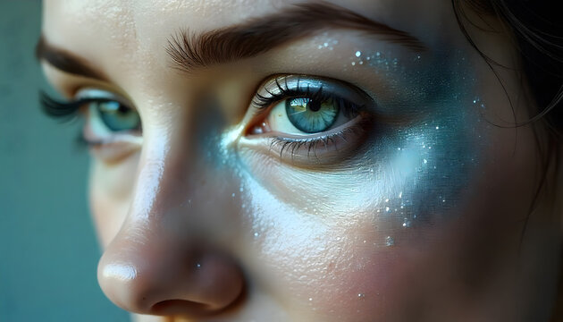 Detailaufnahme eines weiblichen Gesichts mit intensivem Blick und blau-gr&uuml;n schimmernden Augen. K&uuml;nstlerisches Make-up mit glitzernden, metallicfarbenen Partikeln auf Haut und Wangen. foto, ad, 1