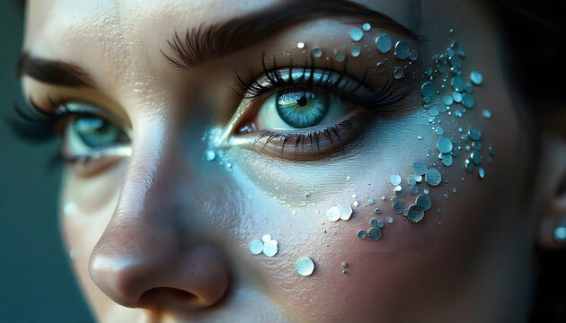 Detailaufnahme eines weiblichen Gesichts mit intensivem Blick und blau-gr&uuml;n schimmernden Augen. K&uuml;nstlerisches Make-up mit glitzernden, metallicfarbenen Partikeln auf Haut und Wangen. foto, ad, 1