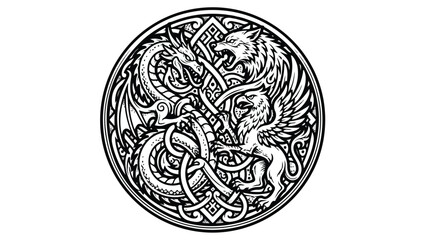 Intricate Celtic Knotwork with Mythical Creatures.