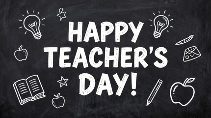 Chalkboard celebration message honoring teachers with playful school doodles