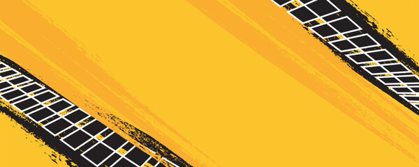 Grunge car tire marks on yellow background with splashes, template for business card with copy space. Vector illustration.
