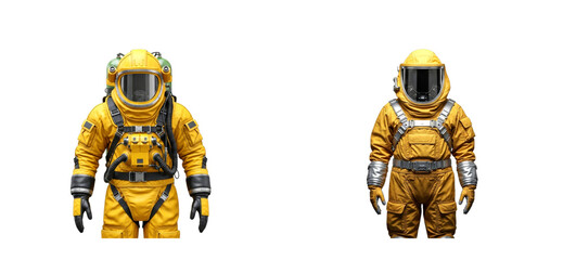 Two figures in yellow protective hazmat suits stand ready for a dangerous mission, equipped with full-face helmets and breathing apparatus in a full-body character concept view