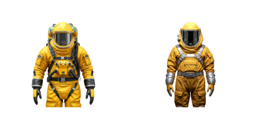 Two figures in yellow protective hazmat suits stand ready for a dangerous mission, equipped with full-face helmets and breathing apparatus in a full-body character concept view