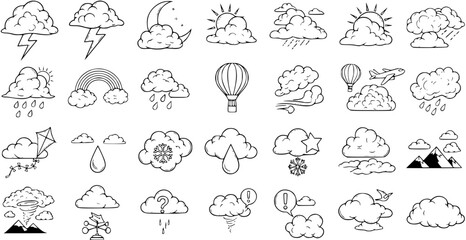 Fototapeta premium Hand-Drawn Doodle Weather Icons Set: Outline Vector Collection of Sky Elements like Clouds, Sun, Rain, Snow, Lightning, Rainbow, and Tornado for Climate Forecast