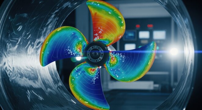 Visualization of pressure changes on a fuelefficient propeller blade within a cavitation tunnel aimed at improving ecofriendly shipping propulsion.