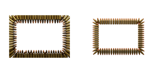 Two square frames made of rifle bullets and cartridges are arranged in a neat, geometric pattern showing different corner designs and a metallic brass texture