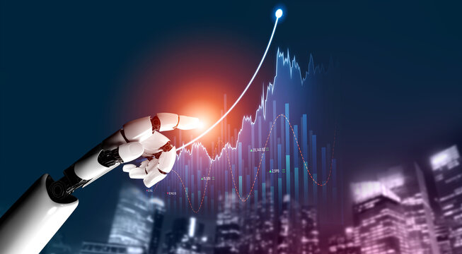 A robotic hand interacts with a digital financial graph, showcasing trends and data in a vibrant city skyline under night lights, symbolizing the future of finance. Scalp - Powered by Adobe
