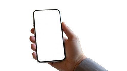 Clean smartphone mockup with blank display held by hand in stylish entryway Isolated on Transparent Background