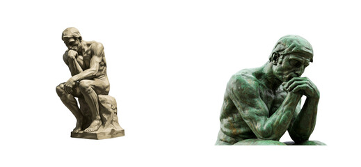 Two classical statues of a pensive man in a thoughtful pose, one made of stone and one of bronze with a green patina, representing deep contemplation and philosophy