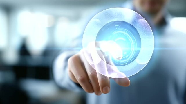 Person interacting with futuristic interface selection anonymous hand gesture soft digital display workplace model choice option selection visualization technology decision