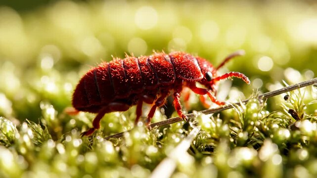 Red Clover Mite Crawling on Moss in Macro Detail