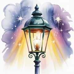 Watercolor Illustration Shows a Lantern Glowing With Colorful Bursts Behind It in a Vibrant Scene