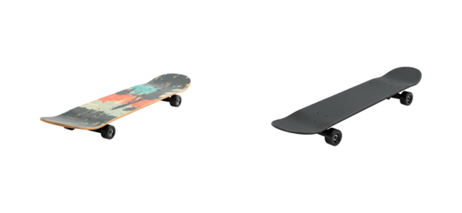 Two classic wooden skateboards, one with a colorful abstract grunge graphic and one plain black, are displayed from a high angle perspective for comparison