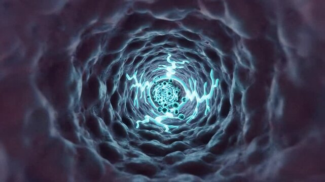 Microscopic view of a textured bodily tunnel with glowing blue spheres and central energy surge
