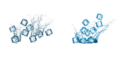 Two sets of clear blue ice cubes splashing dynamically in fresh water with flying droplets and liquid motion, creating a refreshing and energetic composition collection for drinks