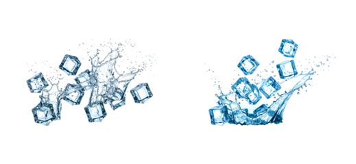 Two sets of clear blue ice cubes splashing dynamically in fresh water with flying droplets and liquid motion, creating a refreshing and energetic composition collection for drinks