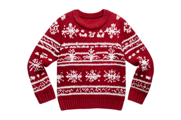 Festive red sweater with white winter patterns on transparent background