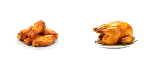 Whole roasted chicken with crispy golden skin and fresh herbs served next to a plate of spicy saucy barbecue wings for a delicious and hearty poultry meal