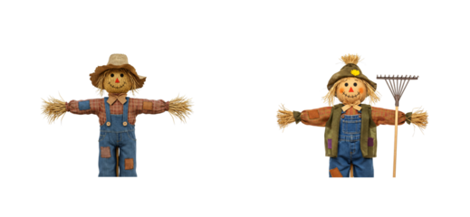 Two friendly decorative scarecrows wearing patched denim overalls and plaid shirts stand with outstretched arms, one holding a garden rake for an autumn harvest festival