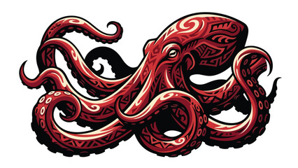 Red Octopus Illustration with Intricate Patterns on White Background.