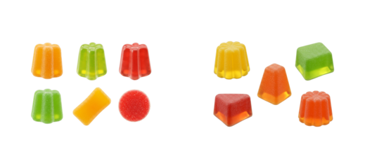 Colorful fruit jelly candies in various shapes and sizes, including fluted, cube, and pyramid forms, with some coated in sparkling sugar crystals for a sweet treat