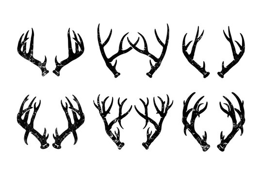 Deer antlers distressed retro silhouette icon set for hunting. Stag antlers vintage solid element design pack for outdoor. Elk antler and antler rack rustic symbol bundle for wilderness and adventure