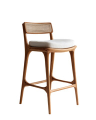 Fototapeta premium Elegant Wooden Bar Stool: A sophisticated wooden bar stool, exuding modern charm. With its natural rattan back, a comfortable cushioned seat, and meticulously crafted wood.
