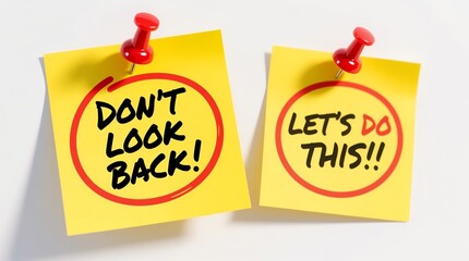 Bright motivational sticky notes with bold handwritten quotes encouraging action and focus