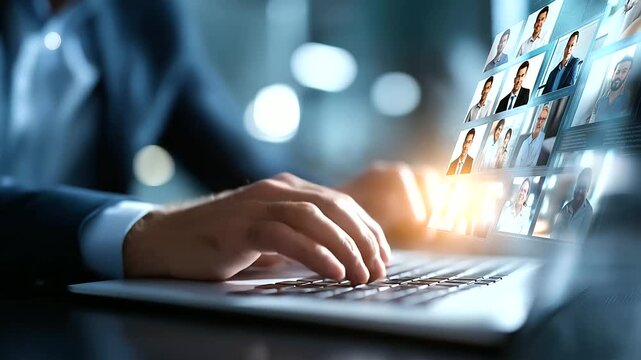 Contemporary communication technology scene faceless diverse team soft meeting backdrop online in person coordination briefing interaction visual conference table videocall