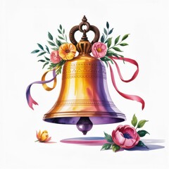 Watercolor Illustration of a Bell With Flowers and Ribbons on a White Background