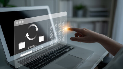 File synchronization or loading interface with progress bar, folders, and documents, symbolizing data backup, transfer, and system update Parse