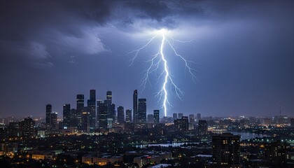 Dramatic Lightning Bolt Strikes Over a Modern City Skyline at Night Under a Stormy Sky