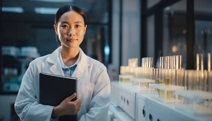 Researcher with Lab Notebook. Beautiful Asian Woman Portrait