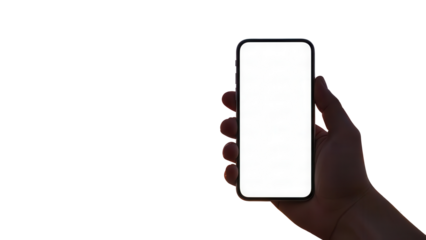 Smartphone with blank screen mockup held against a vibrant sunset sky with cloud formations  Isolated on Transparent Background
